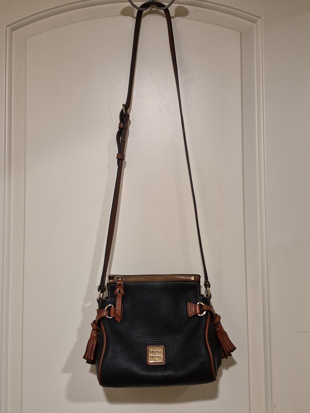 Dooney & Bourke Black Pebble Leather Mini Micro Crossbody with Brown Trim